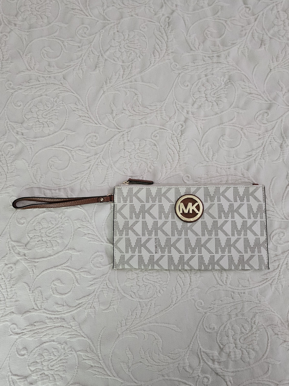 Michael Kors White Logo Wristlet with Gold Accent